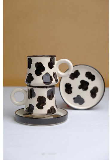 6 Lı Takım El Yapımı İnekli Kazan Seramik Kahve Fincanı, Kahve Fincanı Beyaz