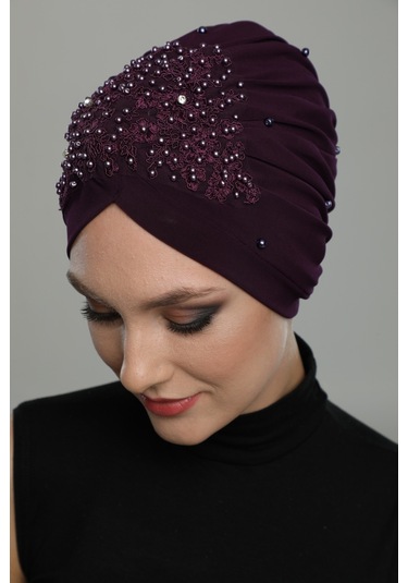 Kopma Astarlı İşlemeli Mor Dantel Motifli Hazır Türban Tesettür Abiye Bone Mor