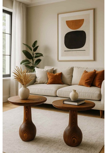 2 Li Doğal Masif Ahşap Yan Sehpa Seti Meşe Renk Zigon Fiskos Meşe