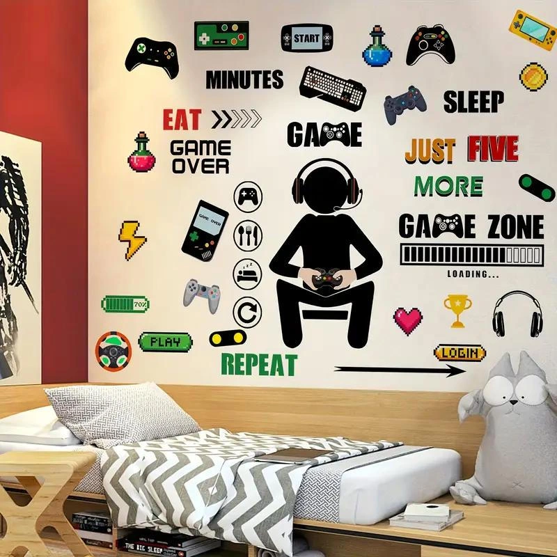 Hombey Oyun Odası Dekorasyonu Işıklı Oyun Sticker'ları - Kumanda, Konsol Desenli Duvar Sticker'ı, Erkek Kız Odası Dekoru, 30x20 Cm Beyaz