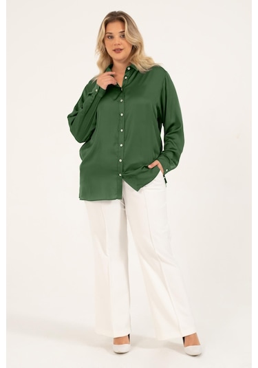 Saten Uzun Kollu Gömlek-1732 Yeşil
