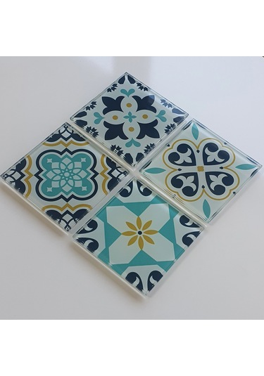 Decorita Cam Bardak Altlığı|Modern Çini Desen|4'lüTakım|10cmx10cm Çok Renkli