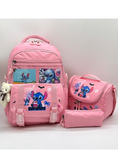 Stitch Desen Aksesuarlı Kore Tarzı Termal Beslenmeli Ve Kalemlikli Kız Çocuk Okul Sırt Çantası Seti Pembe