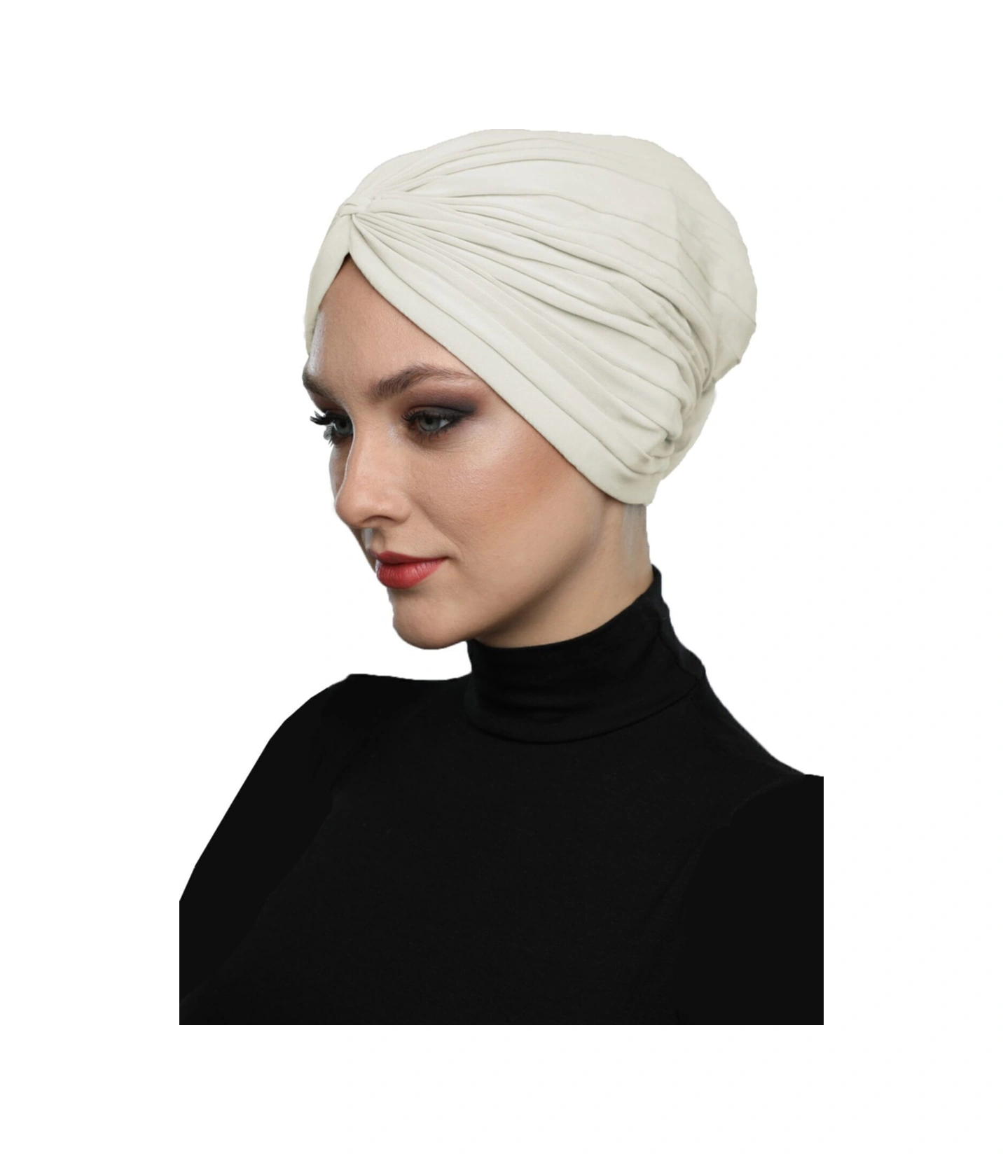 Çapraz Bantlı Krem Hazır Türban Tesettür Havuz Bonesi Krem