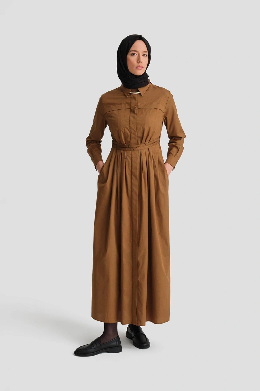 Armine Çapraz Kemerli Pamuk Elbise 24k9903 Taba Kahverengi