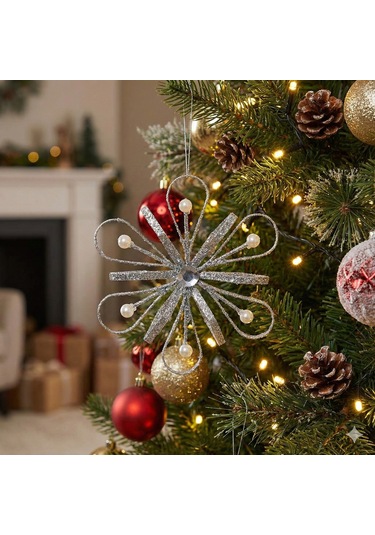 İncili 6 Yapraklı Gümüş Yılbaşı Ağaç Süsü Dekoratif Parlak Süsleme