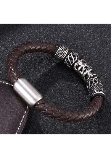Trend Erkek Bileklik Kahverengi Hakiki Deri Bileklik Charm İle Makrome Tokalı Bilezik Punk Takı Kahverengi