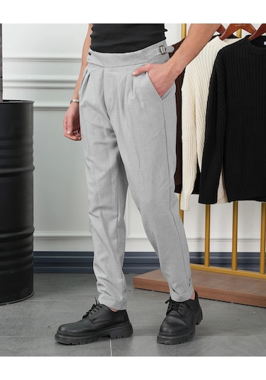 Modefendi Yüksek Bel Pileli Petek Örme Pamuklu Slimfit Pantolon Gri