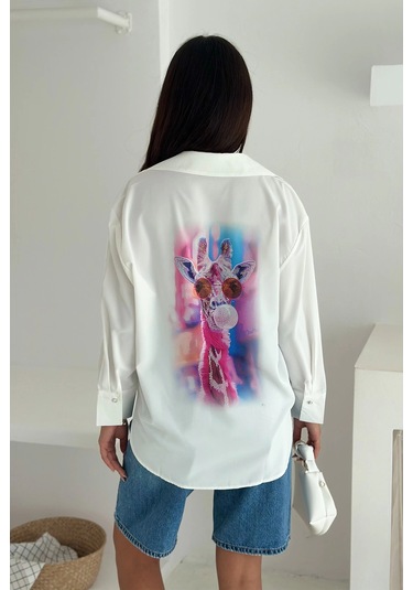 Zürafa Desen Baskılı Taşlı Gömlek Beyaz
