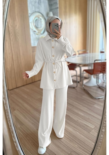 Gold Düğme Detaylı Fitilli Takım - Beyaz Beyaz