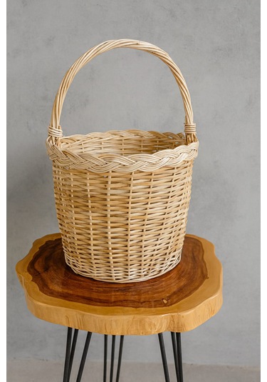 Doğal El Yapımı Hasır Sepet Örgülü - Dekoratif & Çok Amaçlı Büyük Boy Saplı Bej - Sarı