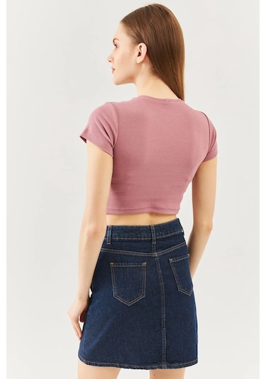 Kadın Kısa Kol Bisiklet Yaka Vücuda Oturan %100 Pamuklu Kaşkorse Esnek Crop Bluz Gül Kurusu