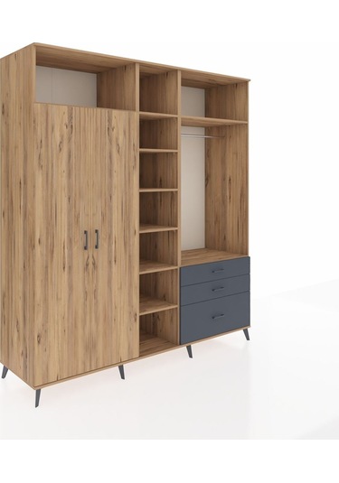 Kronos Dolap 9 Raflı 3 Çekmeceli 2 Askılı 220x59x243 Çam-çam/antrasit Atlas Çam/antrasıt