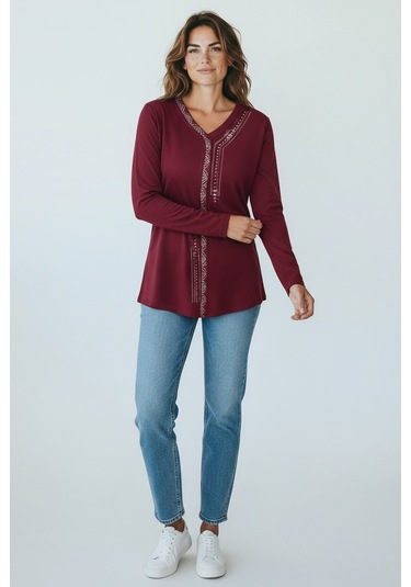 Kadın Önü Kapalı Düğme Detaylı Taşlı Nergis Mevsimlik Bluz Bordo
