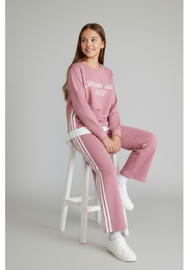 "athletic Club" Baskılı, Üç Çizgili Pembe-beyaz Geniş Paça Kız Çocuk Eşofman Takımı Pembe