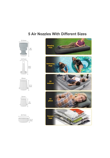 Moveevo Kablosuz Taşınabilir Hava Pompası - Şişirme & Söndürme, 2000mah Pil, 5 Nozul, Led Fenerli