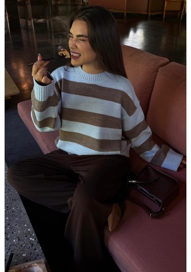 Camel Bisiklet Yaka Çizgili Oversize Triko Kazak Mg1972 CAMEL