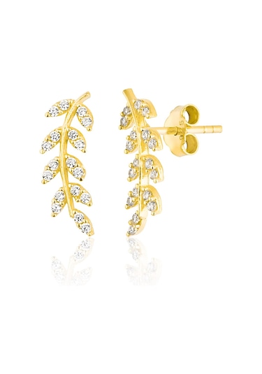 Zanaatsilver 925 Ayar Gümüş, Zirkon Taşlı 14k Altın Kaplama Yaprak Modeli Küpe