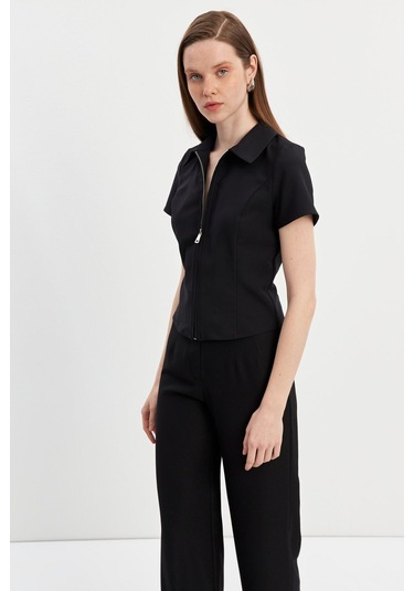 Stella Pulvis Siyah Fermuarlı Slim Fit Kuplu Bluz