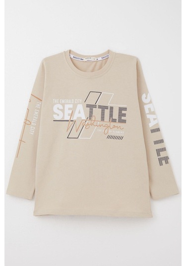 Breeze Erkek Çocuk Uzun Kollu Tişört Renkli Yazı Baskılı 6-12 Yaş, Bej Bej