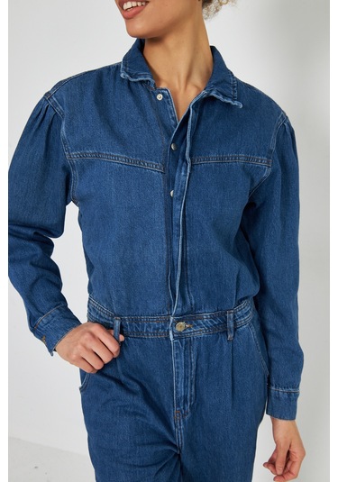 Denim Rahat Kalıp Cıt Cıt Kapamalı Tulum Koyu Mavi