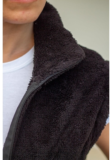 Kadın Siyah Peluş Welsoft Kalın Fermuarlı Hakim Yaka Yelek 23kylkmy10 001