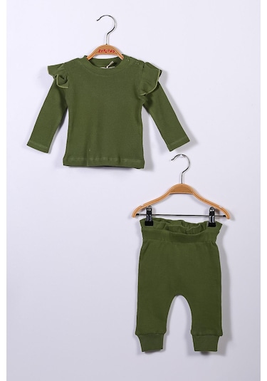 Gots Sertifikalı %100 Organik Pamuk Fırfırlı Sweatshirt Ve Pantolon Takım 0 - 4yaş - 5317 - Haki