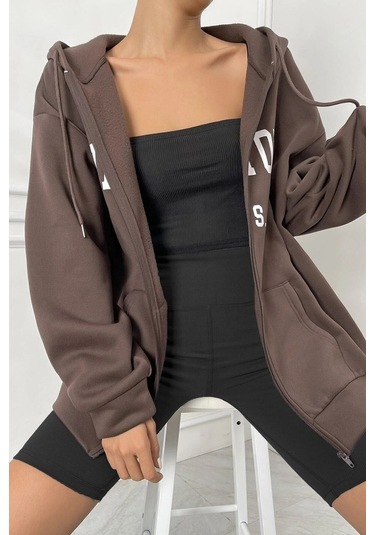 Modagen Unisex Kahverengi Newyork Baskılı Oversize Hırka Kkahverengi