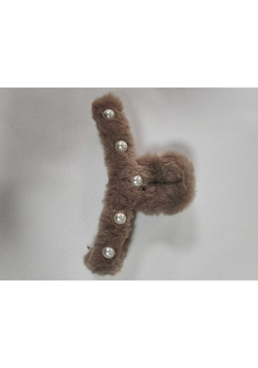 Büyük Boy İnci Peluş Mandal Toka 12 Cm Kahve