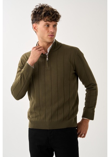 Dikey Dokuma Desenli Fermuarlı Triko Kazak Haki