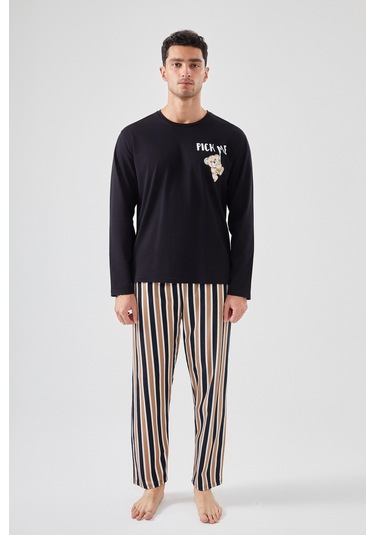 Erkek Pamuklu Uzun Kollu Üst Astronot Baskılı Alt Çizgili Pijama Takımı Ke30106 Siyah