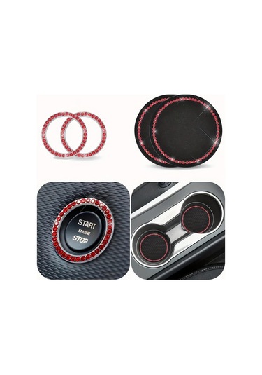 Sunshine011 2 Adet Araç Elmas Tabanlı Paspas + 2 Adet Tek Tuşla Start Dekor Halkası Pembe Pembe