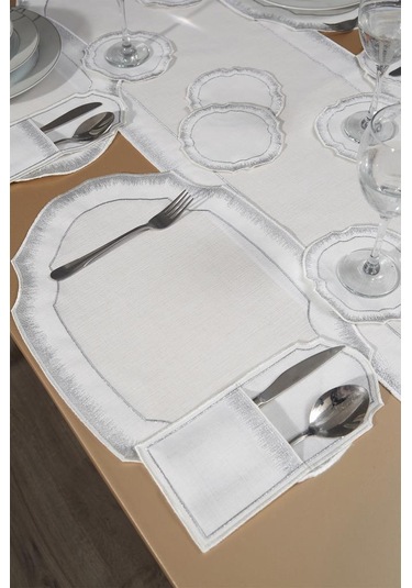 Aslı Keten Nakışlı Amerikan Servis Takımı 19 Parça Silver Gümüş