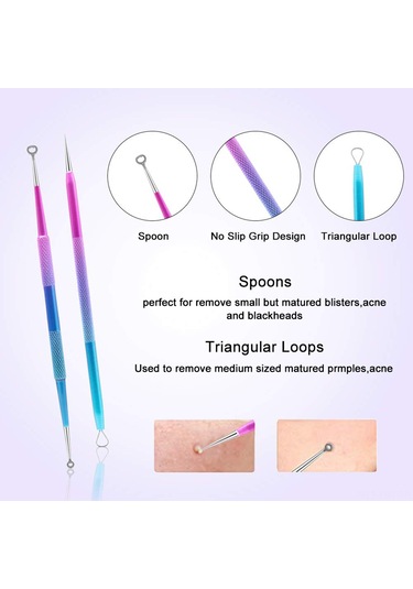 Hangfox 10'lu Paslanmaz Çelik Akne Ve Siyah Nokta Kaldırma Aracı Seti, Mavi-mor Renkli, Siyah Depolama Çantasıyla