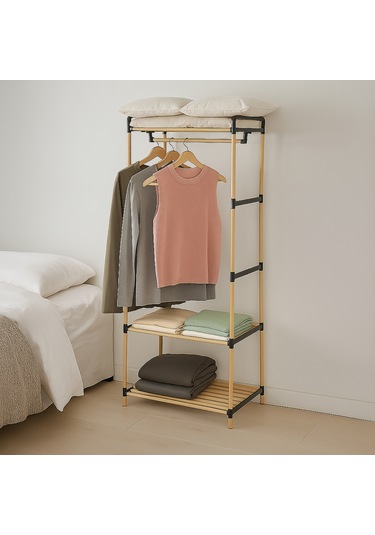 Ne02 Ahşap Gardrop Elbise Askısı Ve İkili Raf Sistemi Masif Çam Ahşap Ahşap