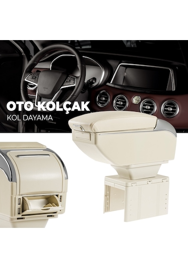 Oto Kolçak Sürgülü Ve Usb Şarj Girişli Tüm Araçlara Uyumlu Kol Dayama 7 Usb Girişli Kolçak Bej
