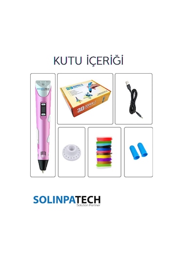 Solinpatech 3D Pen Üç Boyutlu Yazıcı Kalem Printer + 10 Adet 5 M Filament 50 M + USB Kablo Pembe