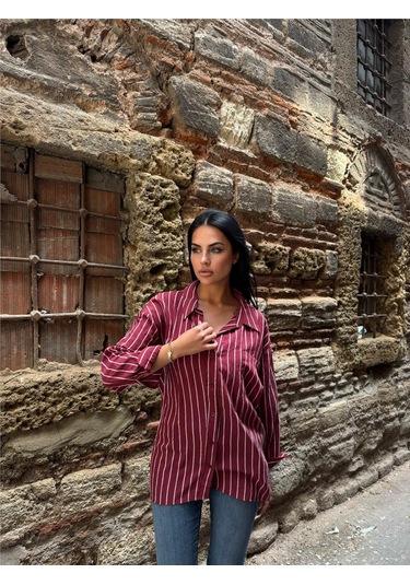 Bordo Çizgili Oversize Düğmeli Gömlek Bordo