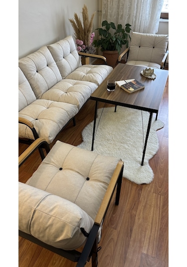 Modern Style Home Modern Kadıköy Balkon, Bahçe, Cafe - Metal Kanepe Koltuk Takımı - 3+1+1+masa Krem Modernk027 Krem