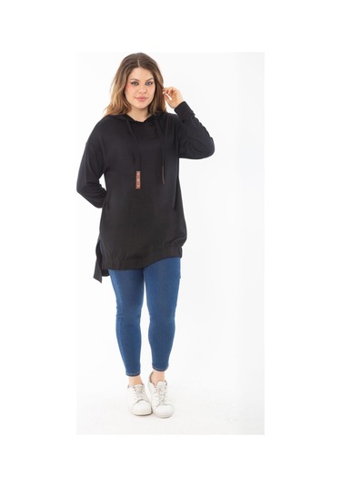 Kadın Büyük Beden Siyah Arkası Uzun Yan Yırtmaçlı Kapşonlu Sweatshirt 65n37310-siyah Siyah