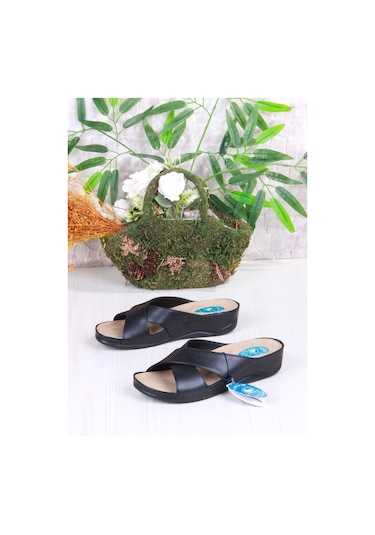 Ceyo 9946-1 Siyah Rahat Topuk Dikeni Destekli Çapraz Bantlı Kadın Terlik Siyah