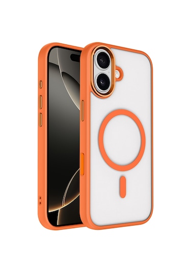 İphone Uyumlu 17 Kılıf Wireless Şarj Özellikli Krom M-safe Silikon Kılıf Turuncu