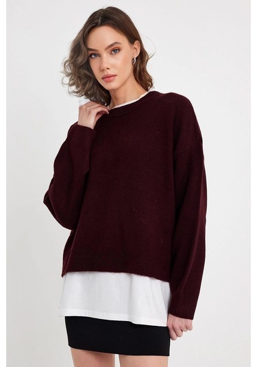 Bordo Bisiklet Yaka Basic Triko Kazak