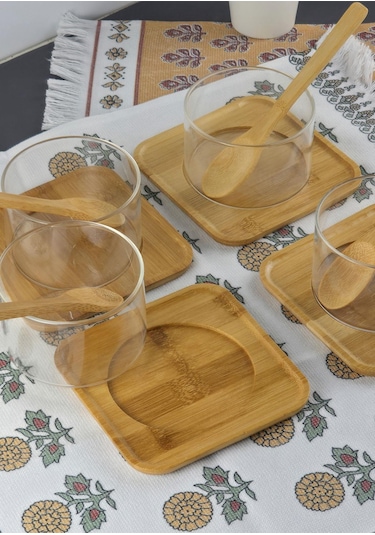 Borosilikat Cam Sufle Seti - Bambu Tabaklı 4lü Kase Takımı - 12 Parça - 250 Ml Cam
