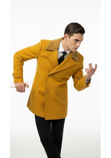 Erkek Kürklü Yaka Kaşe Kaban Slim Fit Çift Düğmeli Kışlık Mont Hardal Sarısı