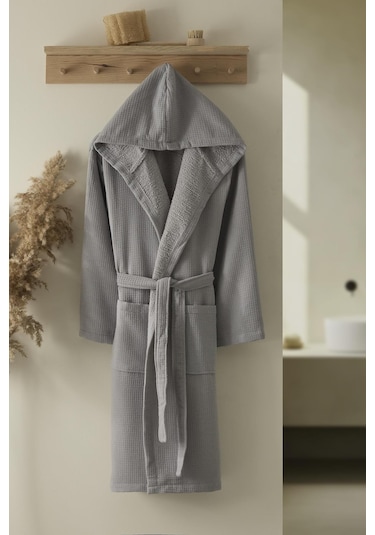 Waffle Unisex Pamuklu Pike Bornoz Gri