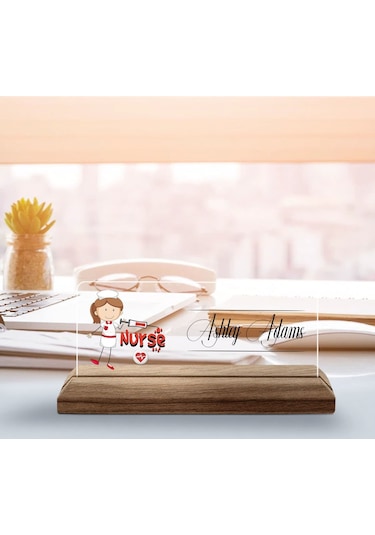 Bk Gift Kişiye Özel İsimli Hemşire Temalı Ahşap Tabanlı Akrilik Masa İsimliği-1, Ofis Dekoru, Mesleki Hediye, Ofis Hediyeleri Kobitmeyen137895 Bk Gift
