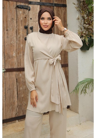 Yandan Bağlamalı Tesettür Bej Takım Bej