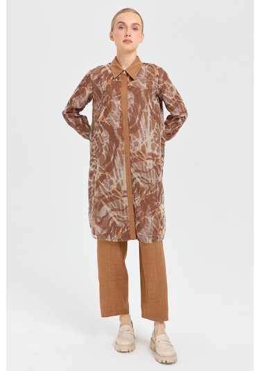 Desenli File Kumaş Tunik Pantolon Takım Camel Kahverengi