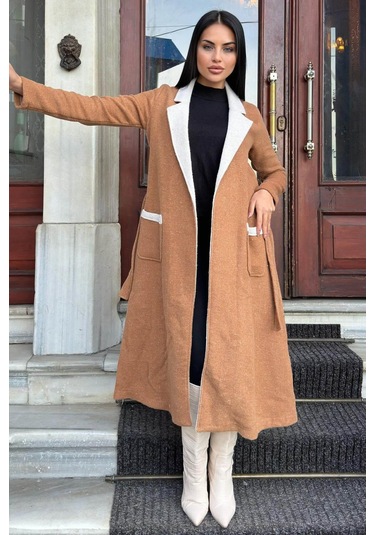 Taba Çift Taraflı Kruvaze Yaka, Kuşaklı, Yumoş Dokulu, Duble Kaşe Uzun Ceket Taba